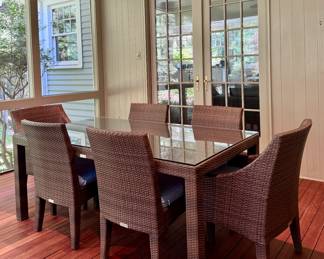 Restoration Hardware Wicker & Glass Dining Table & 6 Chairs
