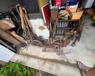 Various farm implements, drill press and vice
