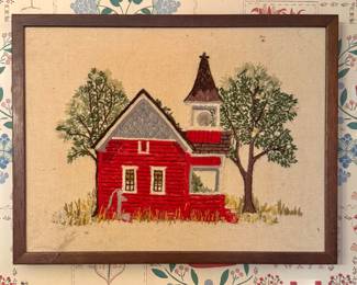 Hand-Embroidered Red Schoolhouse Wall Art – Country Farmhouse Decor