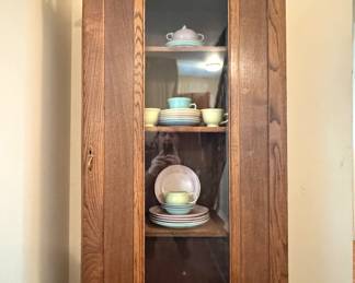 Antique Oak Glass Display Cabinet with Vintage Mid-Century Dinnerware – Includes 1930s Philco Cathedral Radio