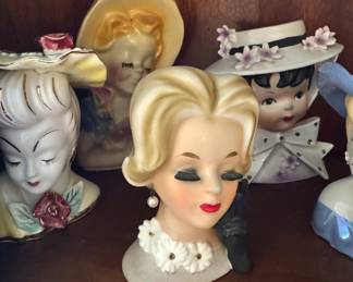 Assorted Lady Head Vase Figurines with Hats, Flowers, and Pearl Jewelry