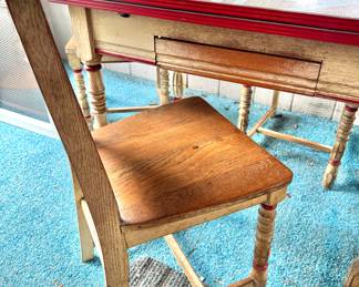 Farmhouse Kitchen Table with Red and White Enamel Top and Matching Wooden Chairs