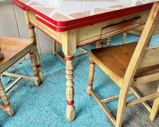Retro Farmhouse Kitchen Table Set with Red Trim and Matching Chairs