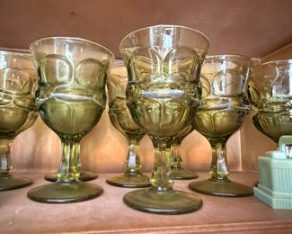Avocado Green Glass Goblets – Mid-Century Pressed Glass Drinkware Set