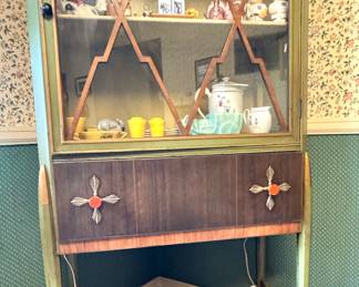 Mid-Century Modern Glass Door Display Cabinet with Geometric Design