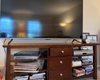 Modern Dark Wood TV Stand with Storage Drawers and Media Shelves – Holds Large Flat Screen