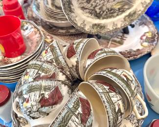 Johnson Brothers The Friendly Village Covered Bridge Dinnerware Set – Made in England, Vintage Hand-Engraved China