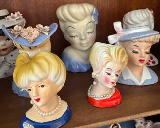 Collection of Vintage Lady Head Vase Figurines with Elegant Hats and Pearl Details