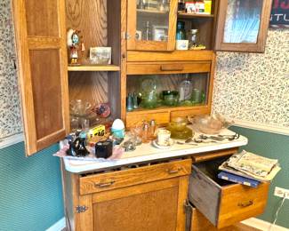 Vintage Oak Hoosier Kitchen Cabinet with Enamel Top and Ample Storage