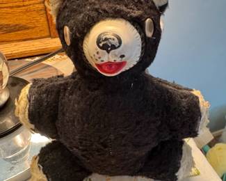 Black Teddy Bear Plush with Hard Plastic Face – Mid-Century Stuffed Animal