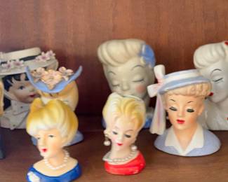 Assorted Vintage Lady Head Vase Figurines with Hats, Flowers, and Pearl Jewelry