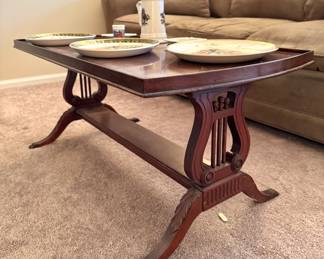 Antique Mahogany Coffee Table with Lyre Sides and Carved Details