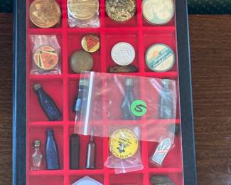 Miniature Vintage Collectibles – Perfume Bottles, Advertising Tins & Souvenirs in Display Case