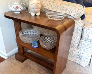 Vintage Wooden Side Table with Crystal Bowls, Pig Planter, and Teapot
