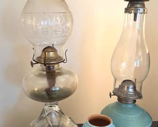 Glass Oil Lamps – Clear Etched Chimney & Aqua Ribbed Base