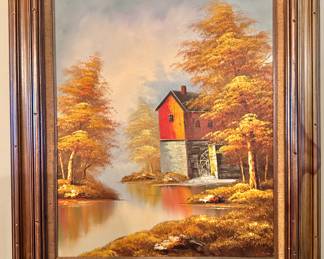 Autumn Mill Scene Oil Painting – Rustic Red Barn & Waterwheel LandscapeOil on Canvas signed Robert More