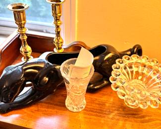 Black Panther Planter with Brass Candlesticks and Glassware – Retro Mid-Century Decor