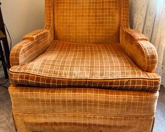Gold Velvet Upholstered Armchair with Plaid Pattern