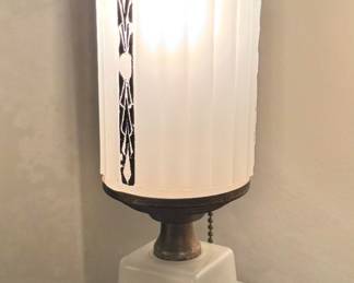 Art Deco Frosted Glass Lamp with Black Geometric Detailing – Tiered Base