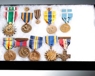 Multi-Era Military Medal Collection: WWI to Gulf War, US & Foreign, inc. Rare New Haven CT & PA Guard WWI, Korean War with Stars, Vietnam, USMC Good Conduct, Air Medal