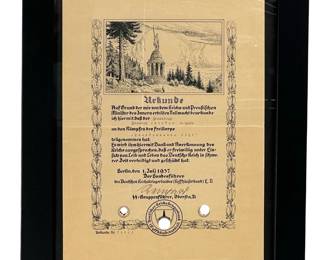 1937 Third Reich Freikorps Award Certificate (Urkunde) Signed by SS-Gruppenführer Wilhelm Reinhard