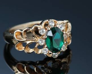 Faux Emerald & CZ Goldtone Ring Costume Cocktail 6.75