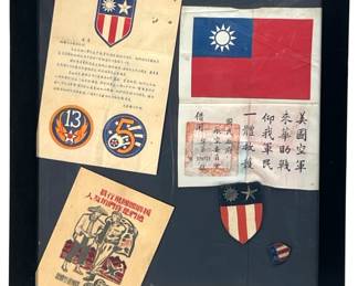 WWII USAAF Pilot China-Burma-India (CBI) Theater Grouping; Blood Chit, 5th & 13th Air Force Patches, Propaganda Leaflet