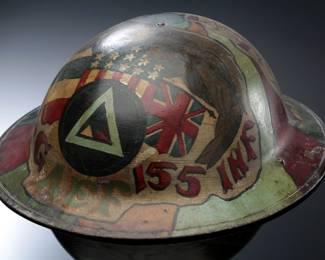 Extraordinary WWI US M1917 Trench Art Helmet: 155th Infantry 'Mississippi Rifles' & 39th 'Delta' Division, Named Troopship SS SOBRAL, AEF Doughboy