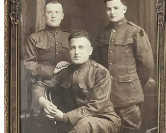 Original WWI US Army Soldiers Portrait, Three Brothers, Corporal Rank, c. 1918 in Period Ornate Frame