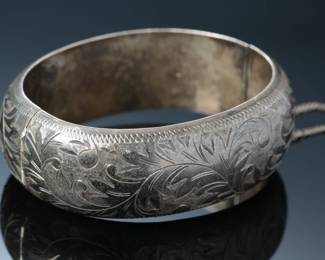 Sterling Silver Etched Hinged Cuff Bracelet