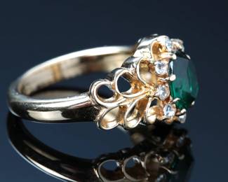 Faux Emerald & CZ Goldtone Ring Costume Cocktail 6.75