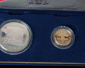 1987 US Mint Constitution Coins Proof Set Silver Dollar & Gold Five Dollar