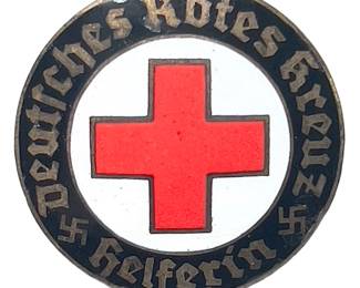 WWII German Red Cross Helferin Enamel Badge - Era DRK Pin - Hermann Aurich Maker Marked GES. GESCH.