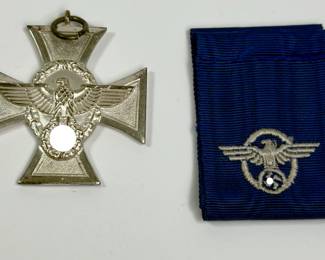 German Third Reich WWII Police 18-Year Long Service Cross Medal with Embroidered Ribbon