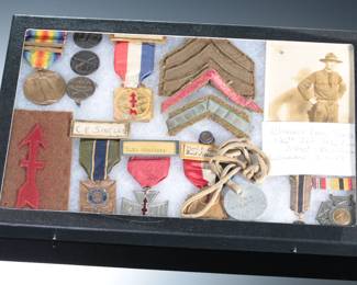 WWI Named & Wounded in Action Grouping Sgt Clarence Sinclair 32nd "Red Arrow" Division 126th Inf Aisne-Marne Offensive "Les Terribles" with Wound Chevron, Dog Tag & Rare 1919 First Reunion Medal