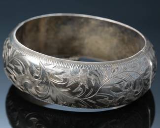 Sterling Silver Etched Hinged Cuff Bracelet