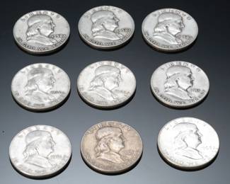 Lot of 9 1950/60s US Franklin Silver Half Dollar Coins