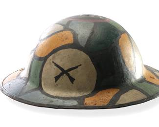 WWI US AEF TRENCH ART HELMET: British Brodie Mk.I (HV 577) with 1st Army Anti-Aircraft & Infantry Insignia, Original Dazzle Camo Paint