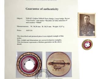 WWII German Golden Party Badge Grouping - Niemann COA & Original SS Owner Photo #95060