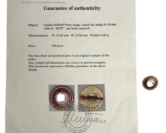 WWII German Small Golden Party Badge #45327 with Detlev Niemann COA