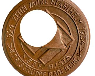 1934 German Third Reich Stahlhelm 10yr Anniversary Commemorative Token / Tinnie - Radeberg NSDFB