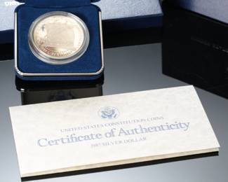 1987 S US Constitution $1 Commemorative Proof Silver Dollar Coin w/COA & Box