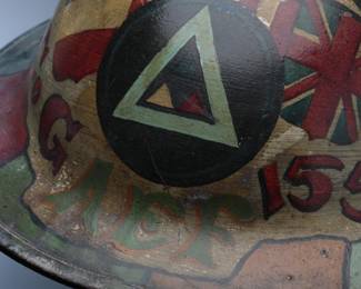 Extraordinary WWI US M1917 Trench Art Helmet: 155th Infantry 'Mississippi Rifles' & 39th 'Delta' Division, Named Troopship SS SOBRAL, AEF Doughboy