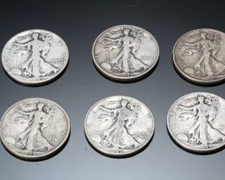 Lot of 6 1930/40s US Walking Liberty Half Silver Dollar Coins