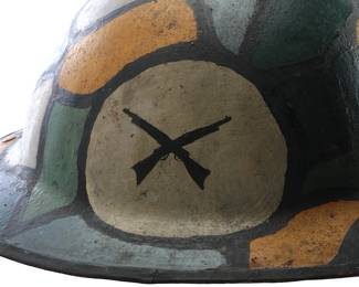 WWI US AEF TRENCH ART HELMET: British Brodie Mk.I (HV 577) with 1st Army Anti-Aircraft & Infantry Insignia, Original Dazzle Camo Paint