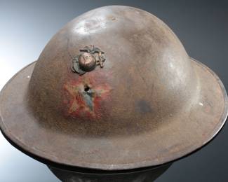 WWI USMC Marine "Devil Dog" Helmet | 2nd Inf. Division "Indian Head" Star | Battle Damage / Insignia Hole