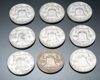 Lot of 9 1950/60s US Franklin Silver Half Dollar Coins