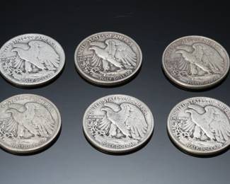 Lot of 6 1930/40s US Walking Liberty Half Silver Dollar Coins