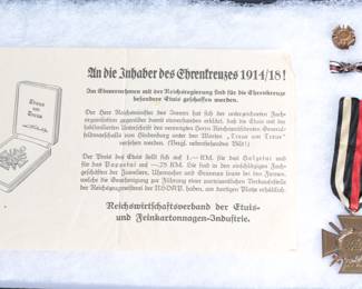 WWII German Third Reich Hindenburg Cross Grouping - WWI Combatant Medal, Pins & RZM Paper - Maker Marked I.C.M