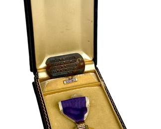 WWII US Army Named Purple Heart Medal Grouping - Engraved Medal, Dog Tag & Case to Ernest R. Reasin